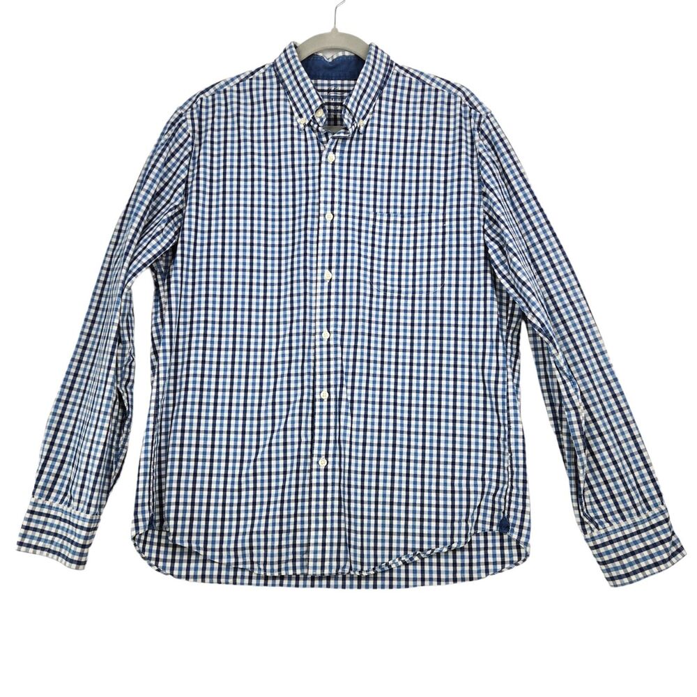 J. Crew Indigo Men's Large Slim Fit Button Up Shirt Blue White Check 100% Cotton